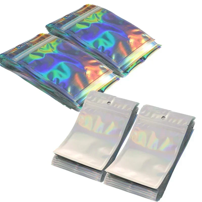 Bolsas iridiscentes con cierre de cremallera, bolsas de 100 Uds., bolsa iridiscente de plástico para cosméticos, bolsas de maquillaje holográficas, bolsa con cremallera de holograma-s