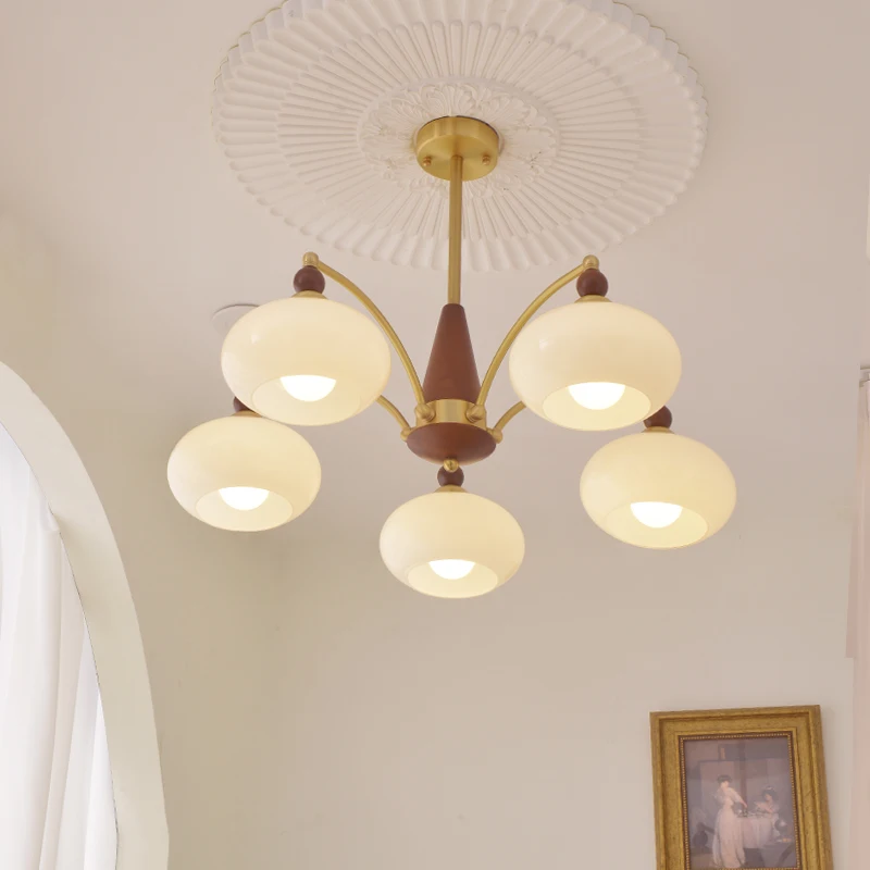 

Living Room Dining Room Bedroom Solid Wood Chandelier Retro Pastoral Japanese Cream Windshield Persimmon Lamp