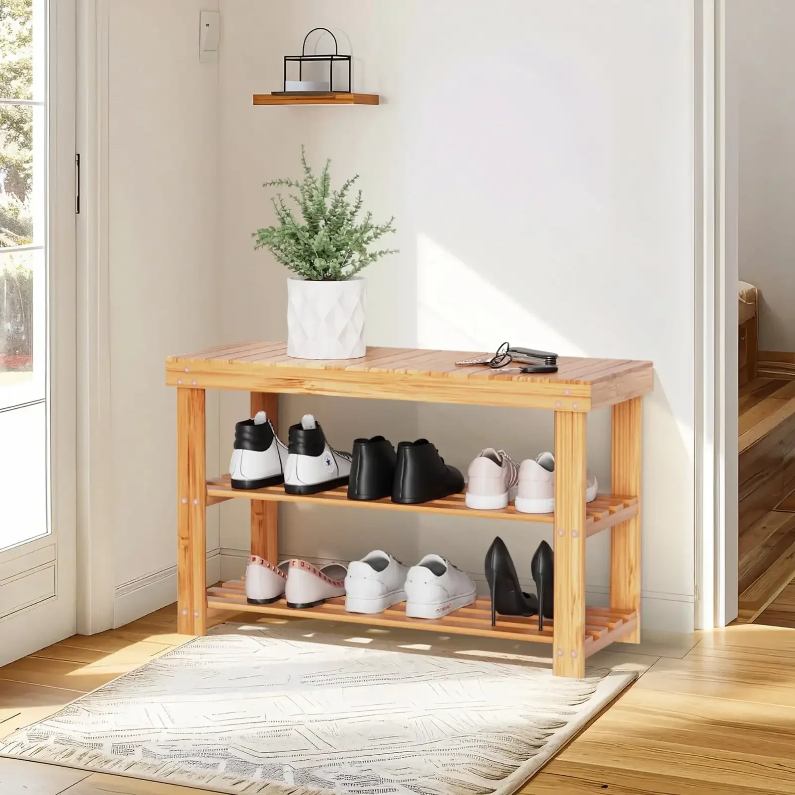 3 Tier Bamboo Shoe Storage Bench for Entryway,Wood Hallway Shoe Rack Shoe Organizer Shelf for Living Room Bedroom,Natural