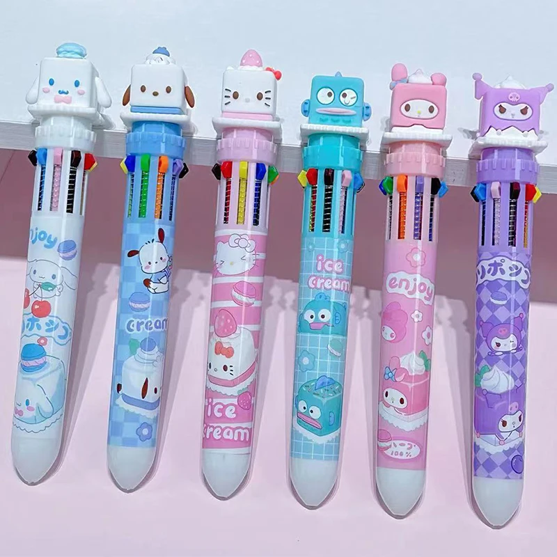 Sanrio Dessert Cake 10 Multicolored Pens Cute Cinnamoroll Pochacco kuromi hangyodon Mymelody Ballpoint Pen Stationery kids gift