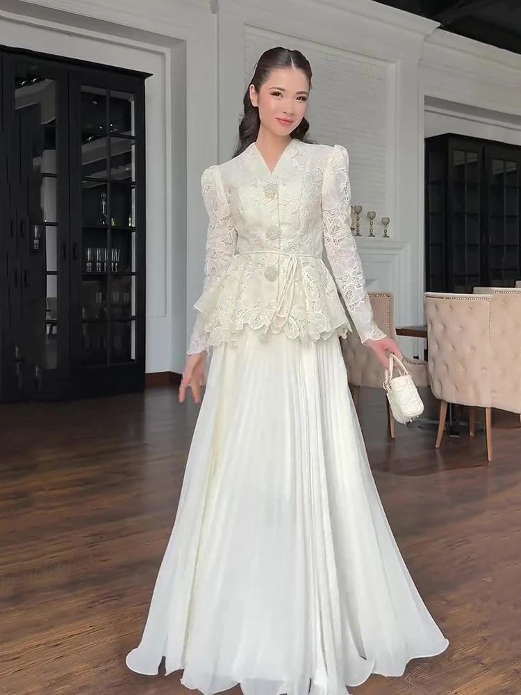 Spring Wrinkle Bust Skirt Suit Women Long Sleeves Lace Up Tops+high Waist Loose Big Swing Long Skirt Autumn Female Two Piece Set