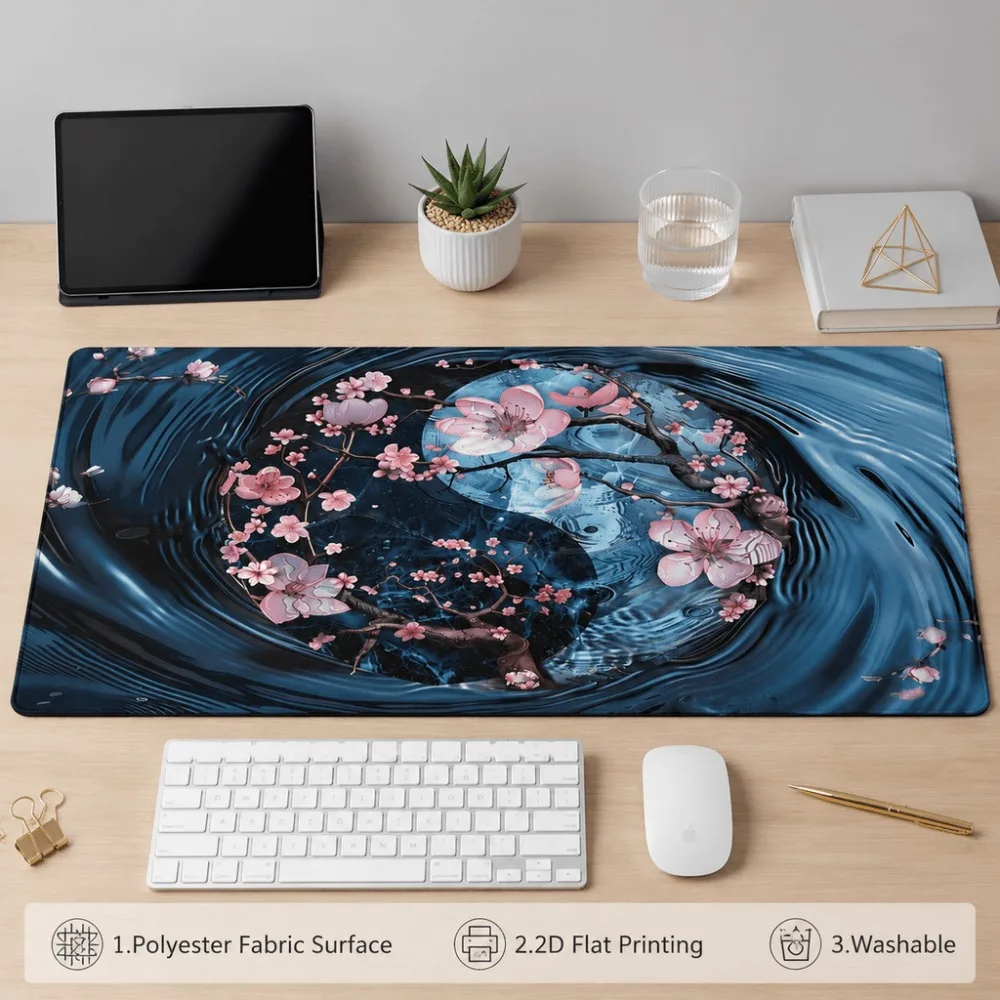 Office desk mouse pad with extended design featuring cherry blossom and water ripple moon patterns, suitable for office workers
