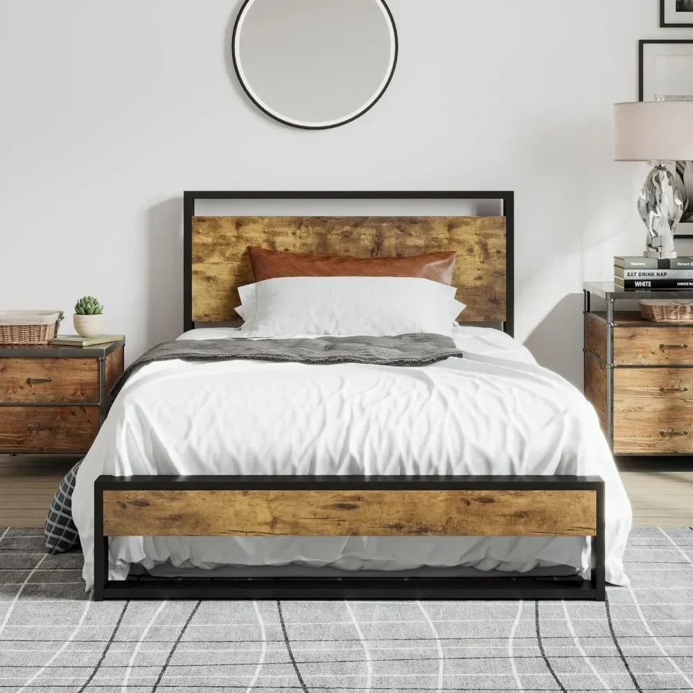 Bed Frame, Wooden Headboard, Heavy Duty Metal Platform No Box Spring Needed, Easy Assembly, Rustic Bed Frame