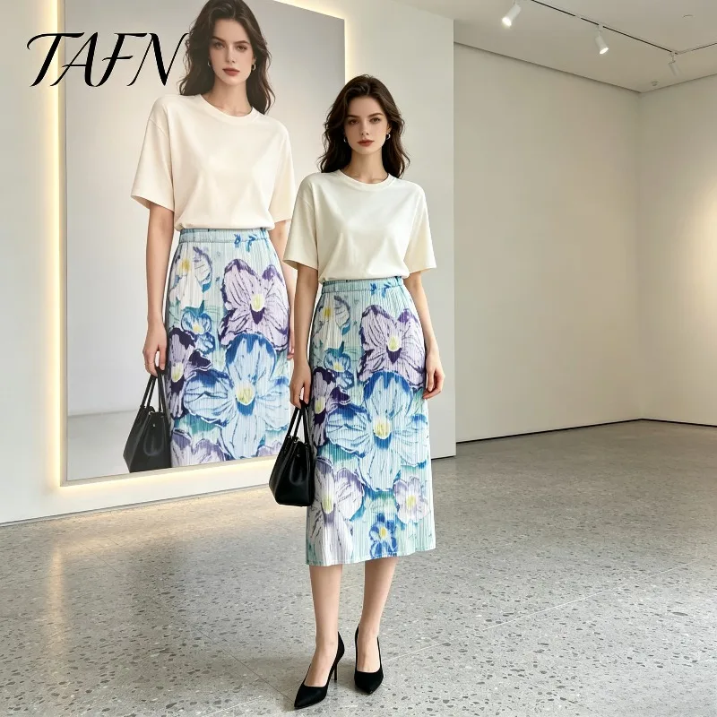 Miyake Pleated 2026 Summer New Digital Fashion Original Pleated Print Side Slit Women's Skirt Casual Elegant Versatile Pleat