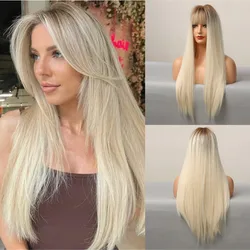 ALAN EATON Blonde Straight Synthetic Wigs Long Ombre Dark Roots Wigs Smooth Blonde Hair with Bangs Natural Looking Daily Party