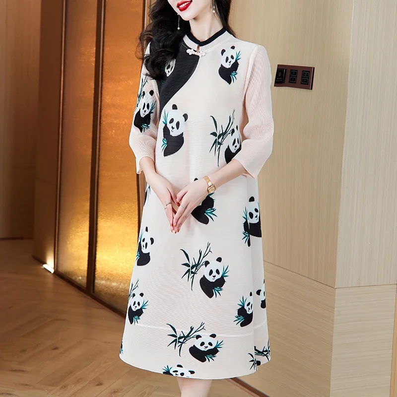 Miyake Dress Retro Middle Aged Mom Dress Female 2024 Autumn Style Temperament Reduced Age Panda Print Improved Cheongsam Dress