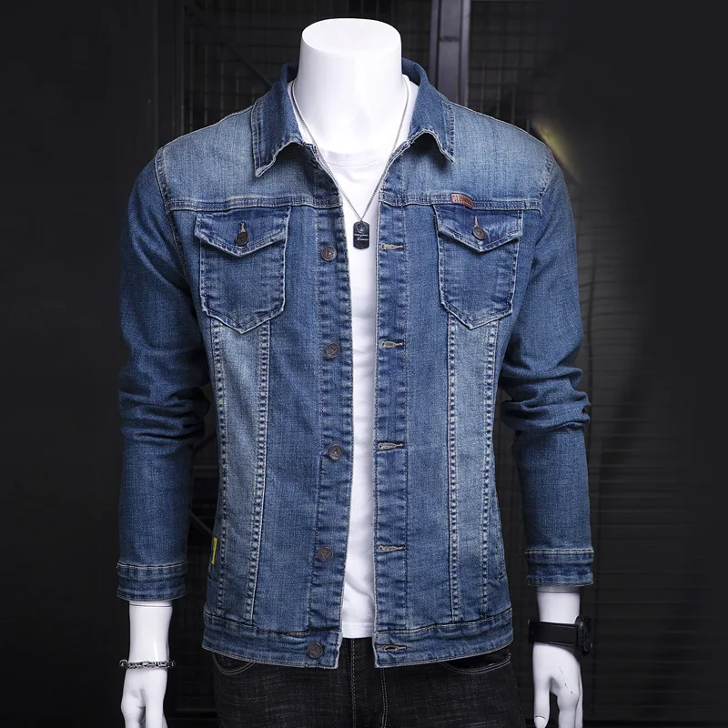 Autumn New Denim Jacket Men's Lapel Casual Trend Tooling Jacket Slim Denim