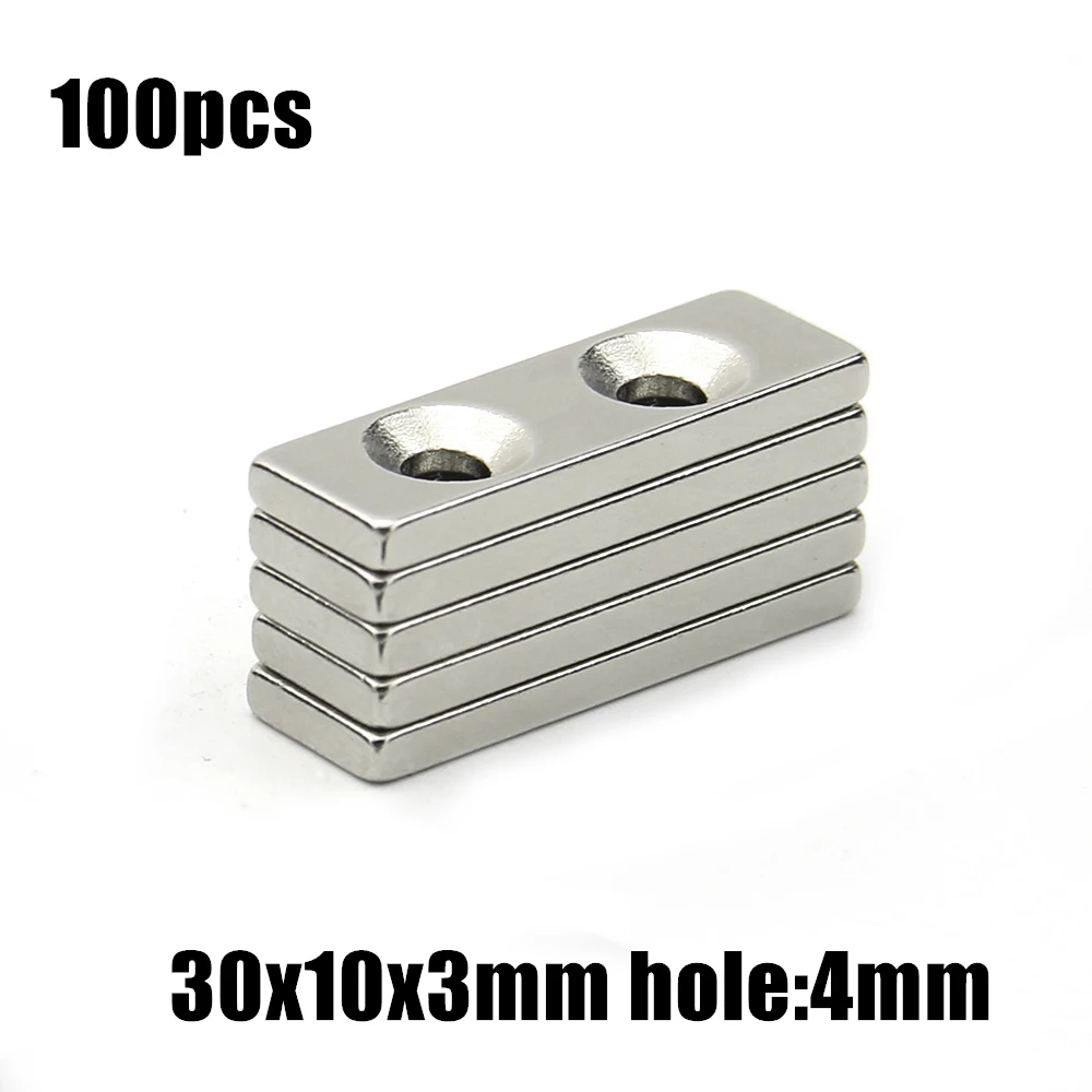 100pcs 30x10x3mm hole:4mm double hole Block NdFeB Neodymium Magnet N35 30x10x3-4 mm Super Powerful Permanent Magnetic