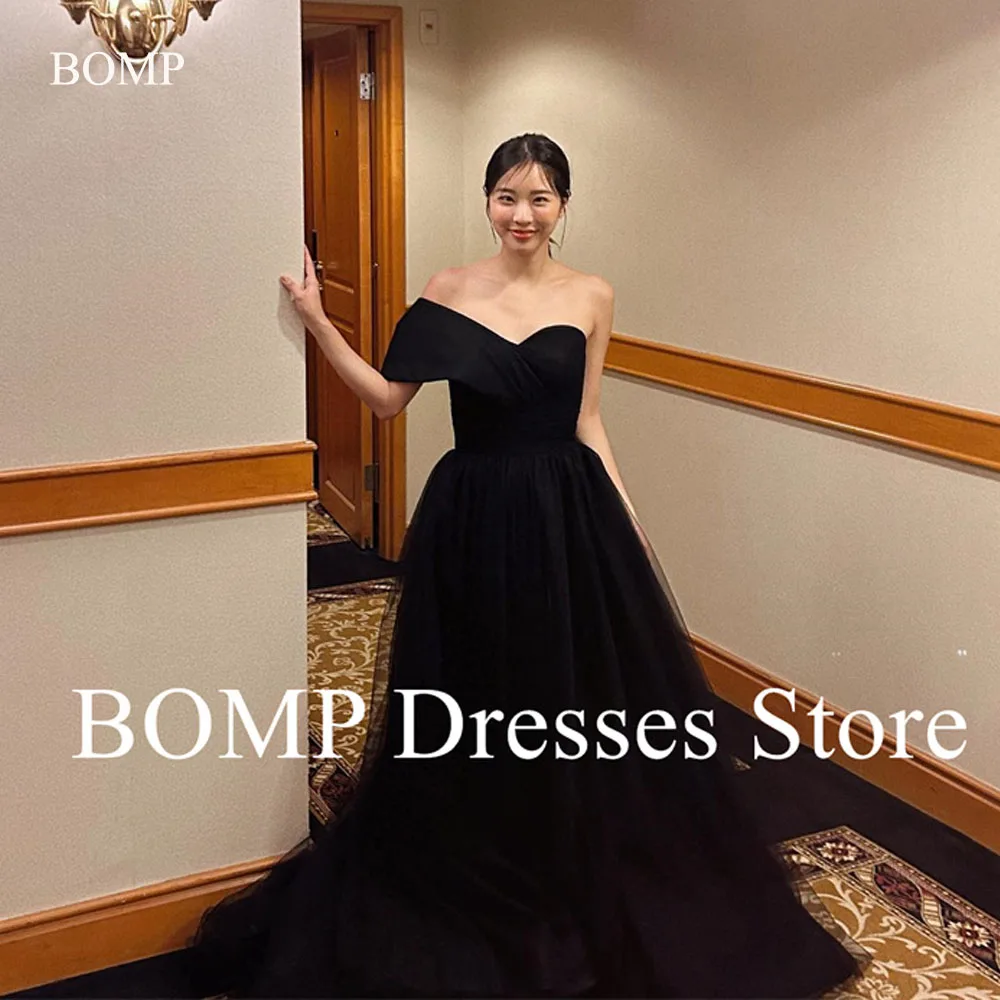 

BOMP Elegant Black Evening Dresses Korea Women Wedding Party Photo shoot Sweetheart One Sleeve Tulle Prom Gowns Formal Customize