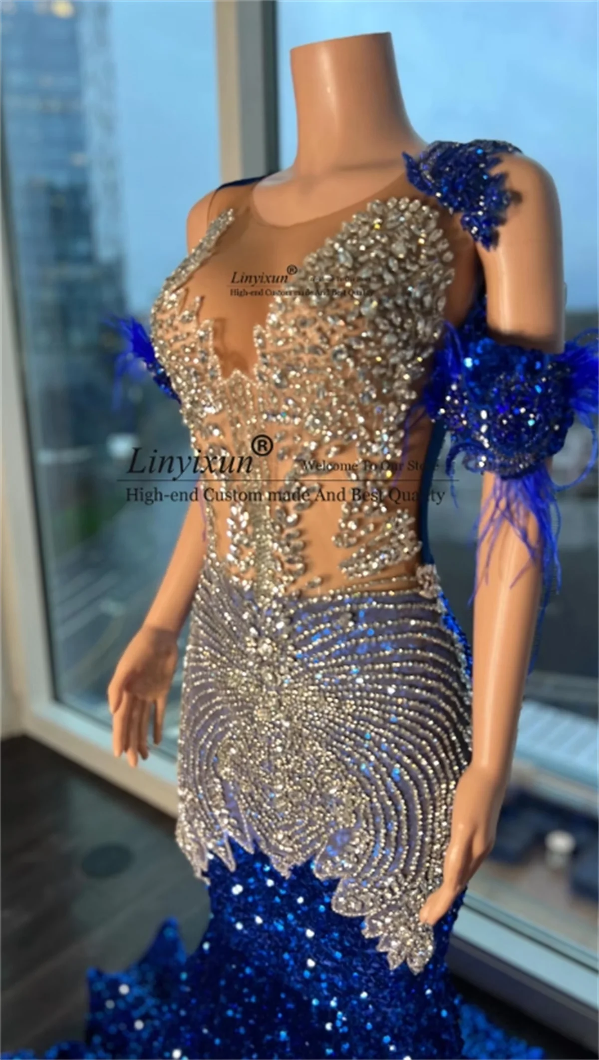 カスタマイズされたダイヤモンドウエディングドレス黒人女の子のための高級クリスタルラインストーンビーズパーティーガラガウンオフショルダーローブドソワレ