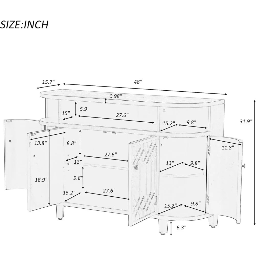 48 inch wooden storage cabinet with doors and adjustable shelves, console self-service dining table and cutlery cabinet