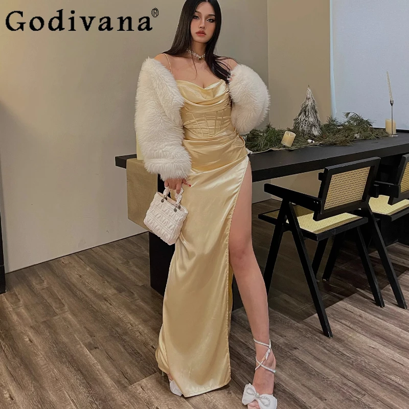 

Women Spring New Black High Waist V-neck Princess Suspender Dress Personalized Street Split Sexy Backless Birthday Party Dresses