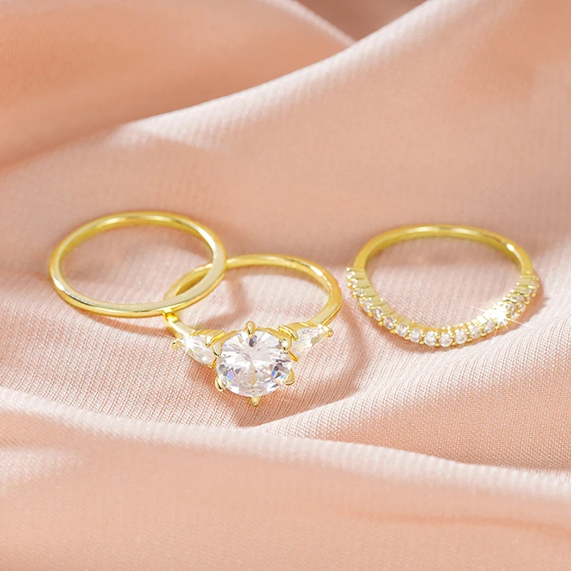 Huitan declaración 3 uds conjunto de anillos de circonia cúbica para mujer para fiesta de boda Color dorado temperamento anillos de dedo femeninos joyería de moda