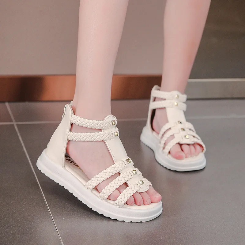 Girls Roman Sandals Open Toe Braided Solid Color High-top Simple Rivets New Summer Hollow Flat Casual Shoes Kids Fashion Casual