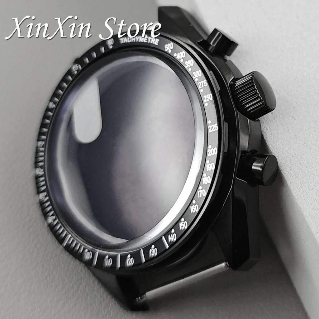 Black Bezel 39.7mm Watch Case Moonswatch Metal Case Chronograph For VK63 VK64 Movement For OMG Watch Parts 20mm Strap Watch Box