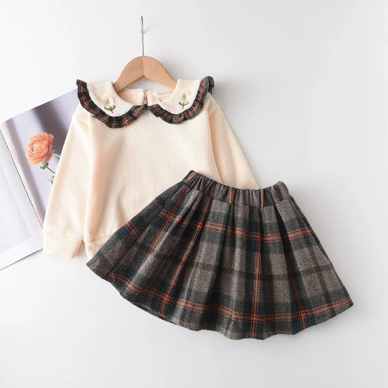 Children Woolen Outerwear Autumn Children Skirt Small Fragrance Style Girls Coat Mesh Skirt Tide 2PCS Toddler Girl Clothes Sets