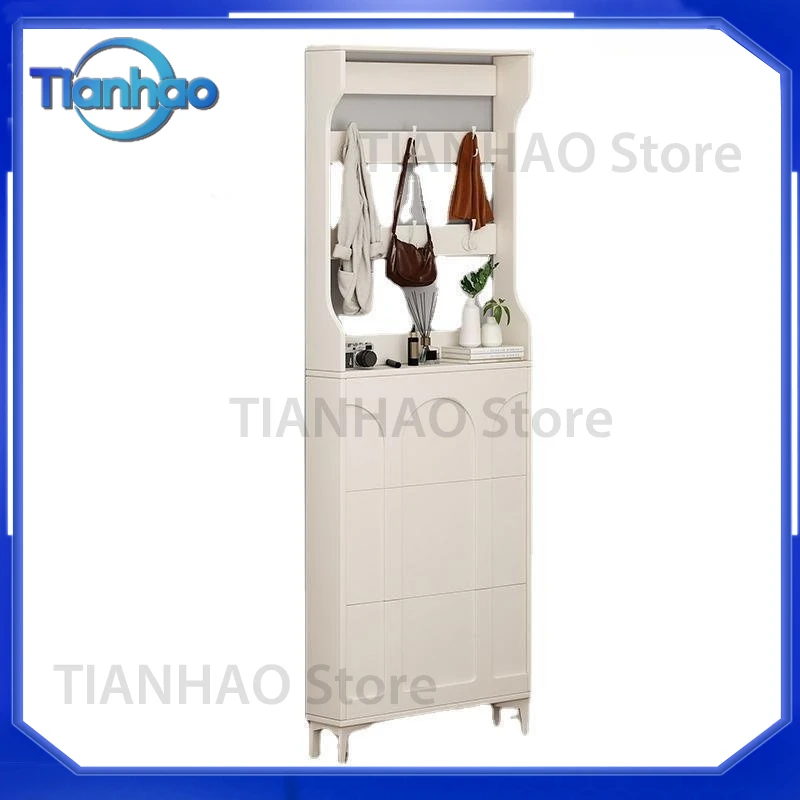 Ultra-Thin Cream Shoe Cabinet with Hanger for Small Apartments Integrated Household Entryway Wall-Mounted Entry Door Storage