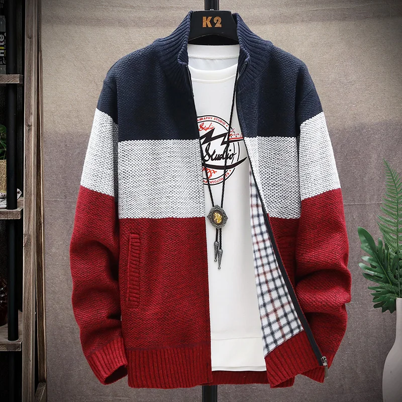 

New Autumn Winter Cardigan Men Sweaters Jackets Coats Knitted Zipper Cardign Trendy Colorblock Stand Collar Male Clothing
