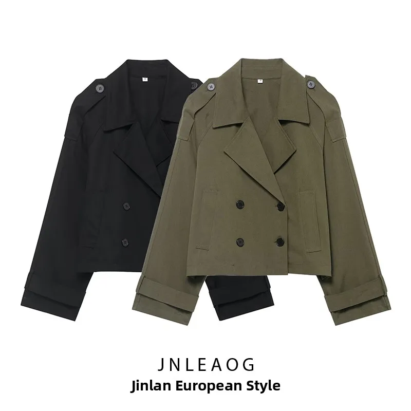 

JNLEAOG Autumn New Women's Casual Long Sve ort Coat Double Breasted Oversize ape Commute Sle Polyester Fiber