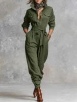 Women's Olive Green Utility Jumpsuit | Belted Waist & Cargo Pockets | Chic Casual Elegant Outfit