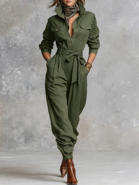 Women's Olive Green Utility Jumpsuit | Belted Waist & Cargo Pockets | Chic Casual Elegant Outfit