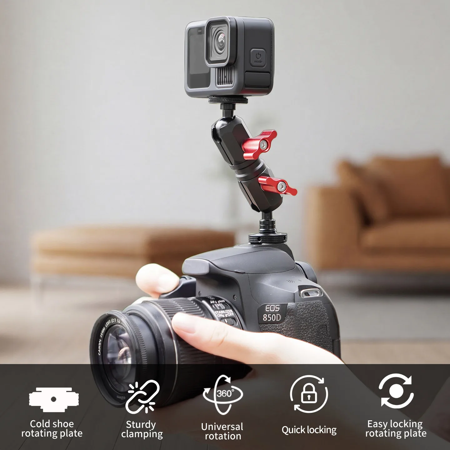 Mini Magic Arm Verlängerungsstange 360° Verstellbar 1/4" Schraube auf Cold Shoe Halterung Doppelkugelkopf für Kamerakäfig Monitor Blitzhalterung – Detail 14
