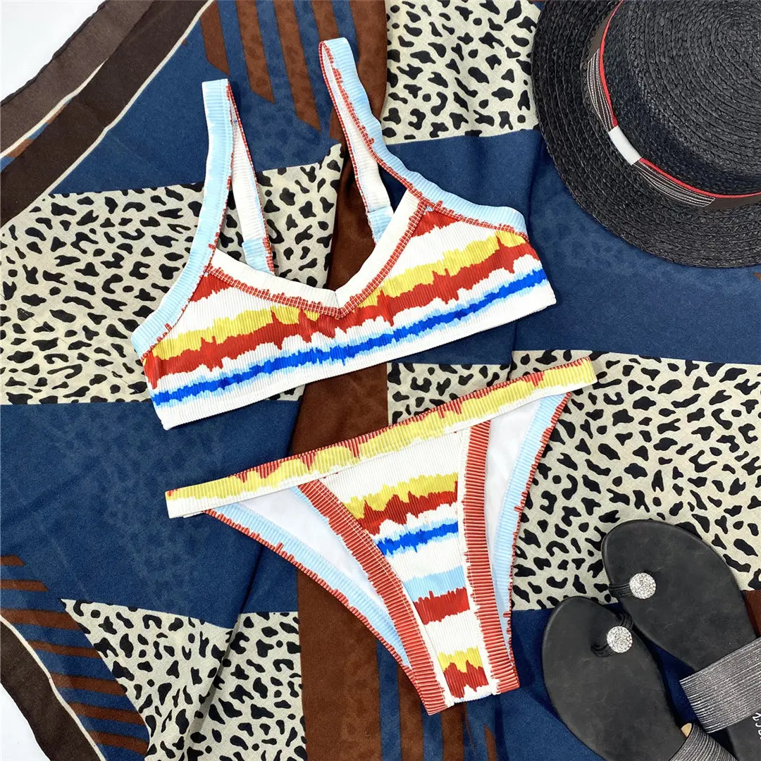 Sexy bedruckter, gerippter brasilianischer Bikini, Damen-Badeanzug, zweiteiliges Bikini-Set, hoch geschnittener Badeanzug, Badebekleidung, Schwimmbikini V3347 – Detail 10