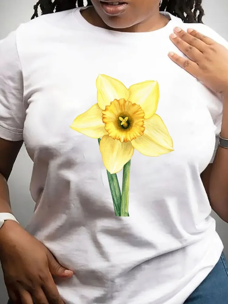 

Желтая футболка с принтом нарцисса, дышащая повседневная футболка с короткими рукавами и круглым вырезом, женская футболка, летняя повседневная футболка в стиле Харадзюку с коротким рукавом