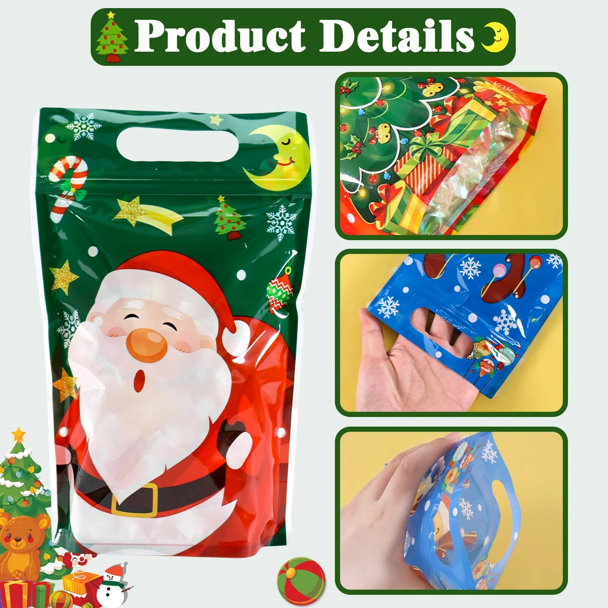 10/20 Stück Frohe Weihnachten Geschenktüten, niedliche Weihnachtsmann- und Weihnachtsbaum-Motiv, wiederverschließbare Leckerli-Beutel mit Reißverschluss, Neujahrs- und Weihnachtsdekoration für Zuhause – Detail 3