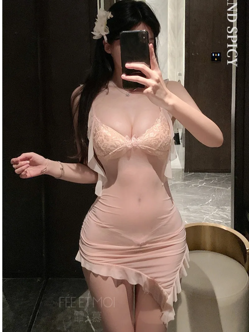 ピンクのレースメッシュ薄い透明ドレス胸露出ドレスエレガントなセクシーなタンクミニドレス薄手の韓国女性トップ 214P