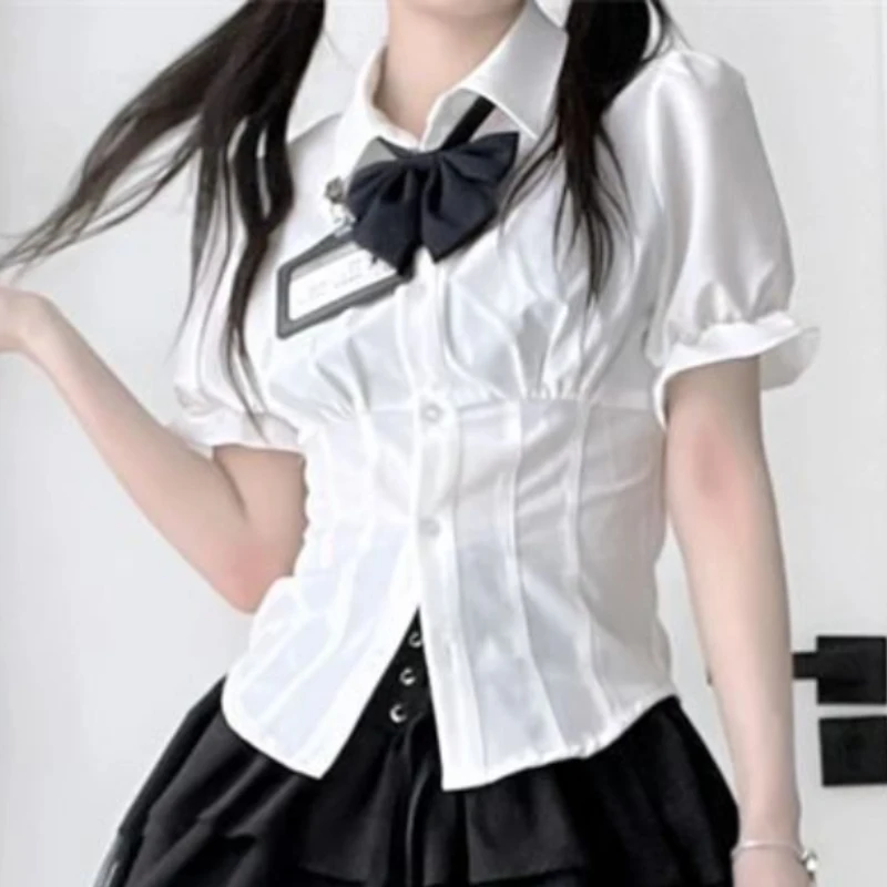 

Shirts Women Slim Summer New Fashion Ulzzang Japanese Style Ins Simple All-match Hotsweet College Puff Sleeve Personality Casual