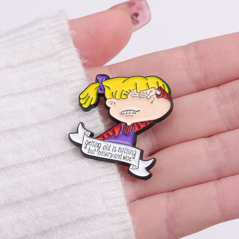 Cartoon Crying Gril Enamel Pins Getting old is nothing but misery and woe Brooches Lapel Backpack Badge Jewelry Gift For Friends