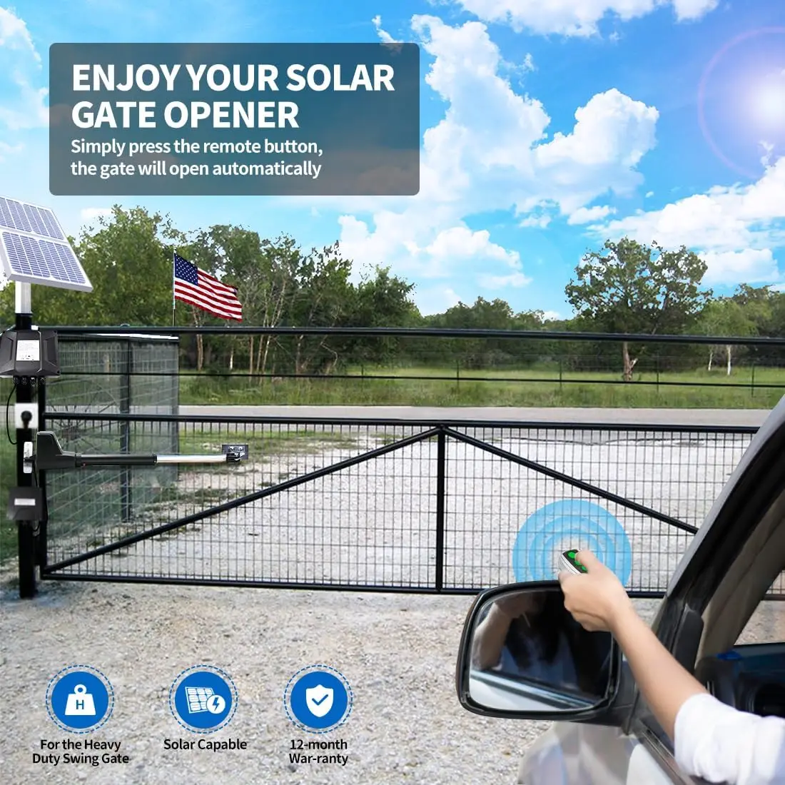 Solar Single Swing Gate Opener Heavy Duty Automatic Gate Motor for Single Swing Electric Driveway Gate Operator AC Powered