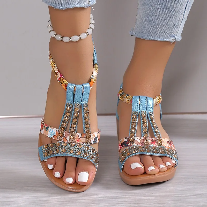 

Women's Peep Toe Rhinestone Wedge Roman Sandals Elastic Strap Back Braided Casual Summer Shoes