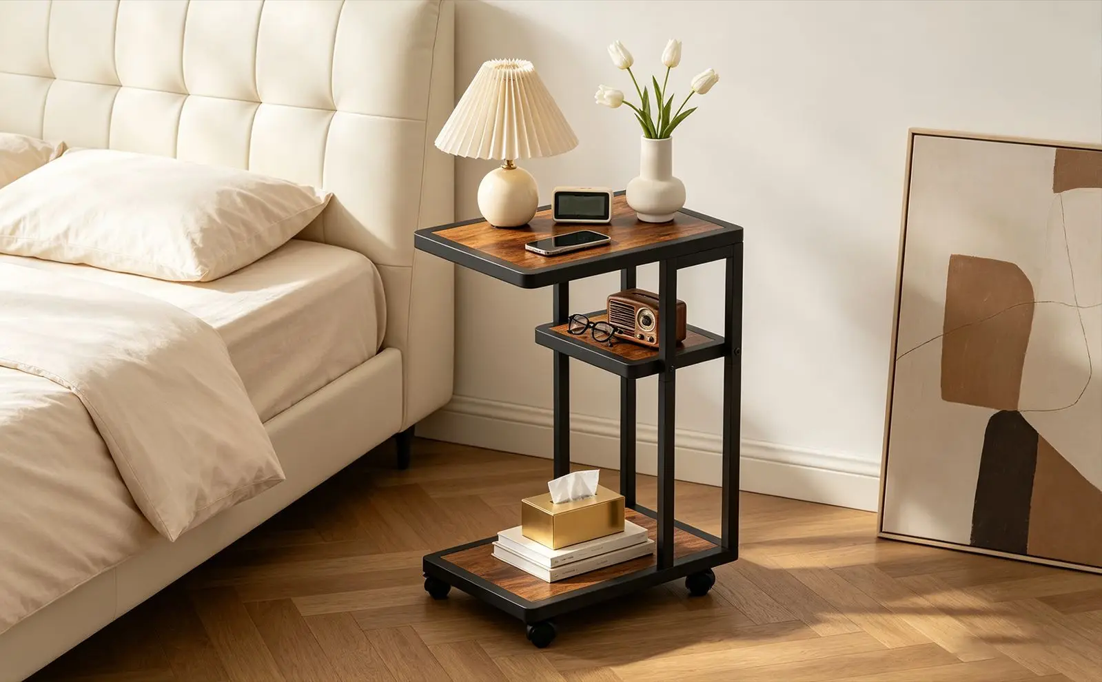 Cross-border Amazon temu removable sofa side C-shaped small coffee table, household bedside rack, with wheels