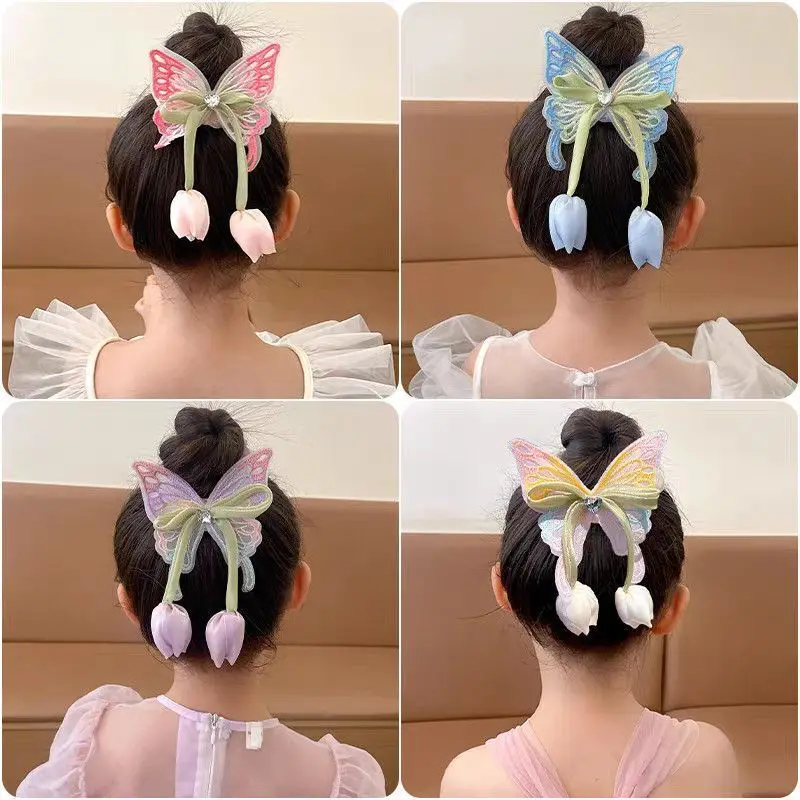 Bonitas bandas elásticas para el cabello con borlas de tulipán y mariposa para niñas y niños, accesorios para el cabello de princesa, tocados para bebés, lazos para el cabello
