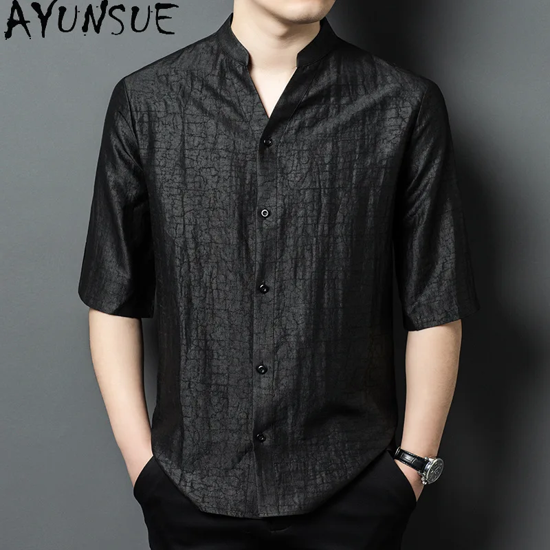 AYUNSUE Retro 100% Mulberry Silk Shirts for Men Short-sleeved Tops Casual Stand Collar Man Shirts Luxury Loose Gauze Silk Shirt