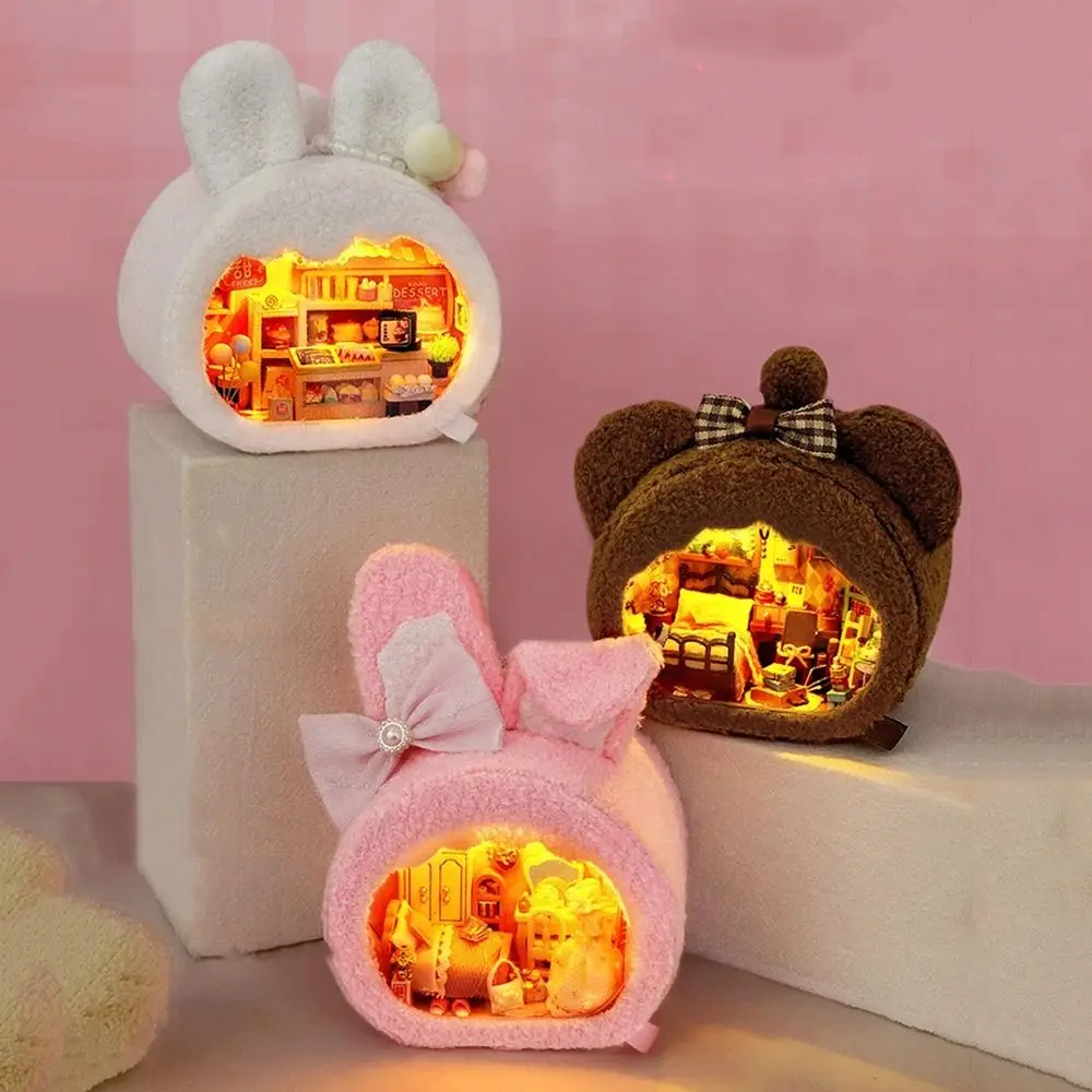 Handmade DIY Mini Wooden Dollhouse LED Lamp Warm Glow Assembling Room Models Craftsmanship Plush Cute Miniature Building Toys