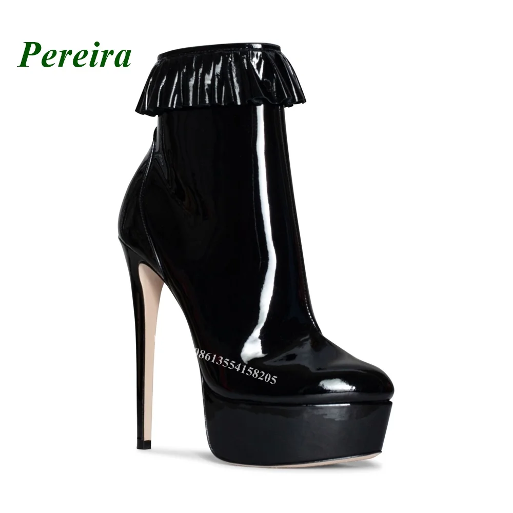 Round Toe Stiletto Ankle Boots Ruffles  Boots High Heels Glossy Platform Side Zip 2022 New Arrival Black Spring Sexy Shoes