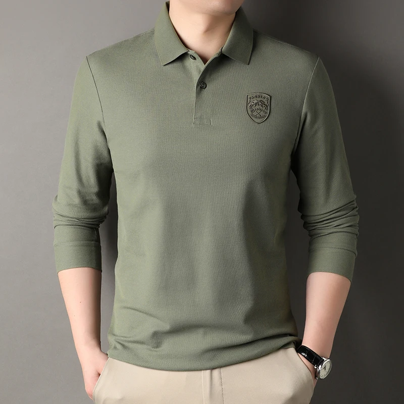 

100% Cotton Spring Autumn Men's Polo Shirts High Quality Embroidery Long Sleeve Solid Color Business Casual Male T-shirts