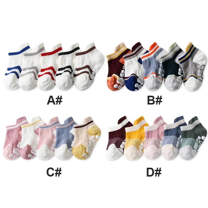 5Pairs Baby Boys Girls Toddlers Non Slip Ankle Socks Set Kids Children Cotton Anti Skid Grip Floor Walking Socks Spring Autumn