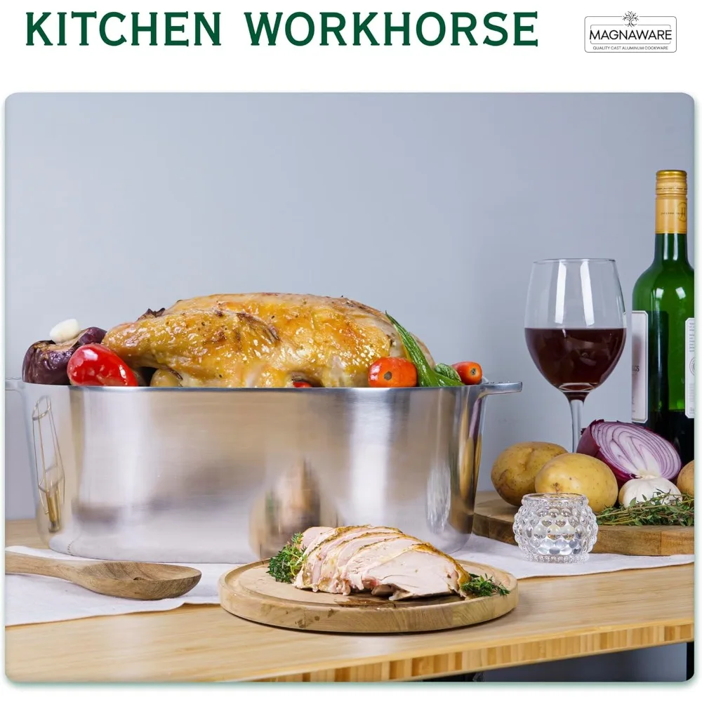 

Cast Aluminum Oval Dutch Oven with Lid 10 QT Roaster Pan with Rack Silicone Cover Dual Handles for Roasting Baking