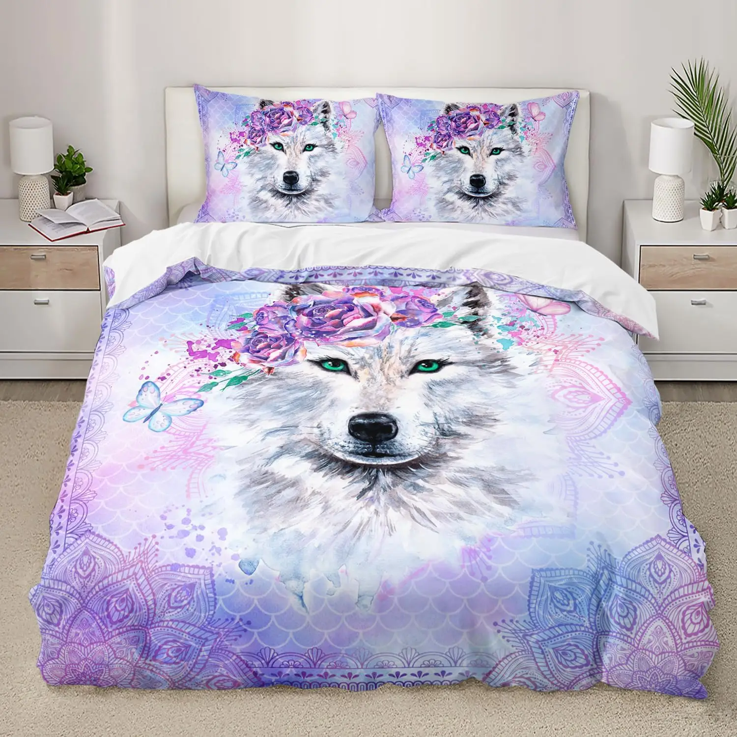 Snow Wolf Duvet Cover Set Full Queen Night Galaxy Starry Wolf Comforter Cover Wild Animals Wolf Themed Bedding Set 2/3 Pieces - view 4