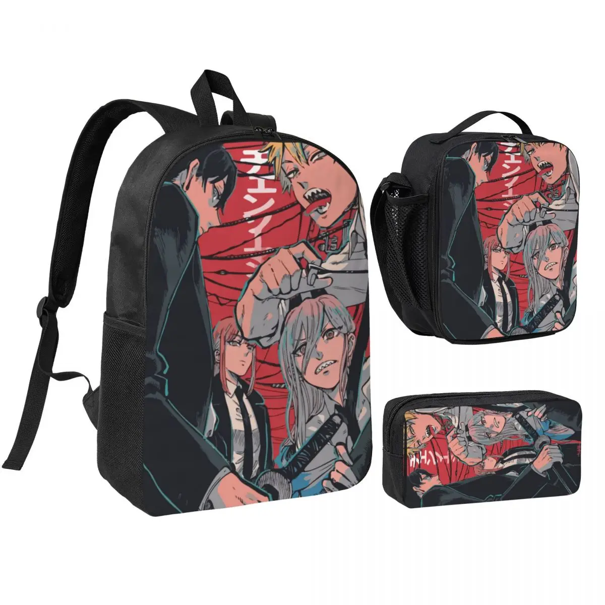 3pecs/set Chainsaw Man Manga Backpack for Student Denji Pochita Devil Makima Anime Laptop Shoulder Bag Lunch bag Pencil Case