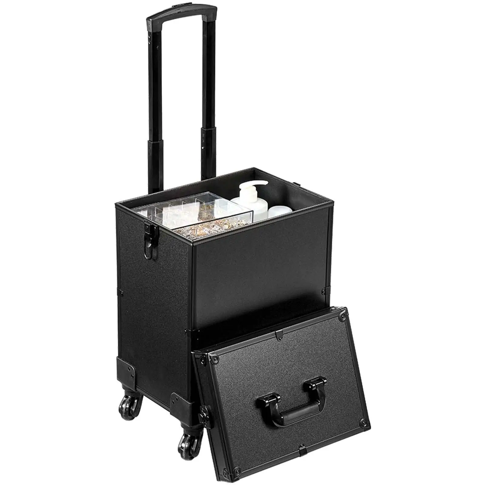 5 in 1 Extra Large Aluminum Makeup Train Case with 360 Degree Swivel Wheels Adjustable Trolley Handle and Travel Organizer Black