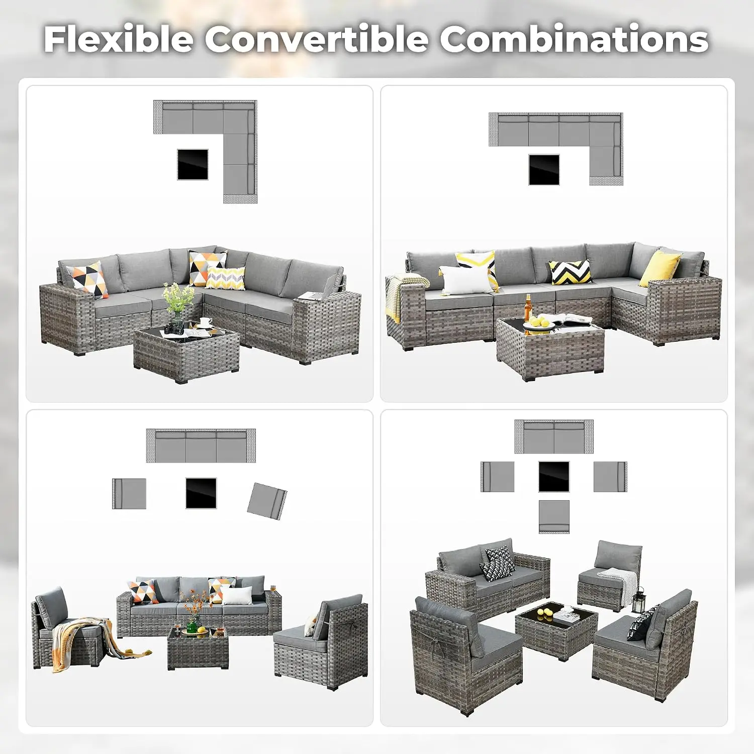 6pc Wicker Patio Sectional Sofa w/ Coffee Table Deep Seat Cushions Modular Outdoor Conversation Set Dark Grey, Customized
