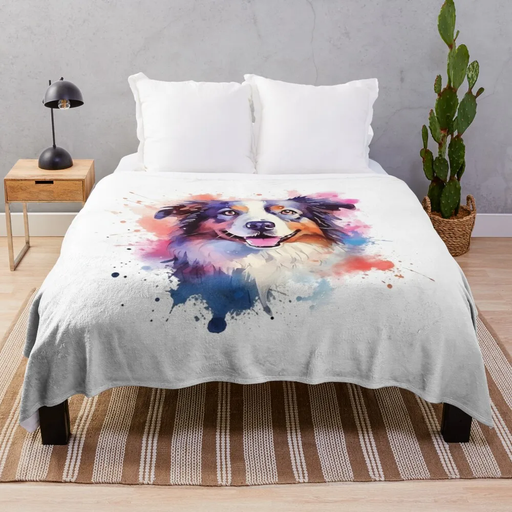 Border Collie Colorful Watercolor Design #1 Throw Blanket Thin Picnic Blankets