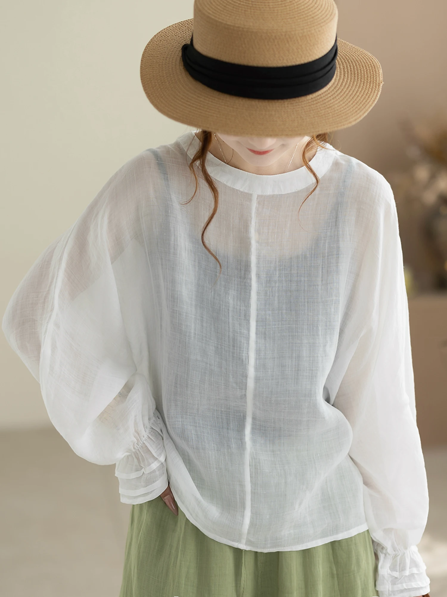 

Летняя тонкая солнцезащитная рубашка Kamiyu из 100% льна для женщин, свободный широкий топ без рукавов, дышащая рубашка в повседневном стиле с круглым вырезом