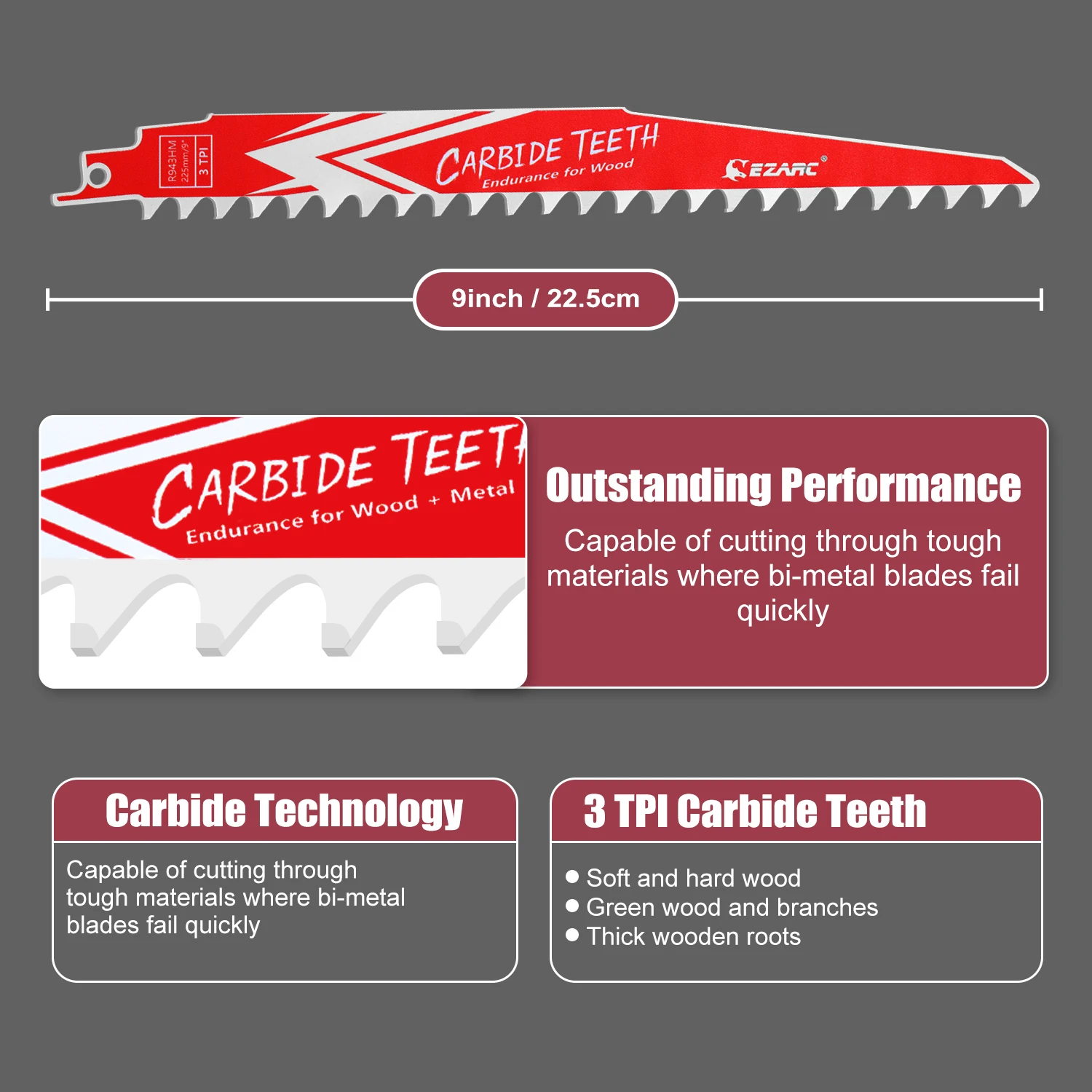 EZARC 3PC 9-Inch Carbide Reciprocating Saw Blades for Hard Wood 225mm 3TPI Welded Carbide Teeth for Cutting All Woods Long Life