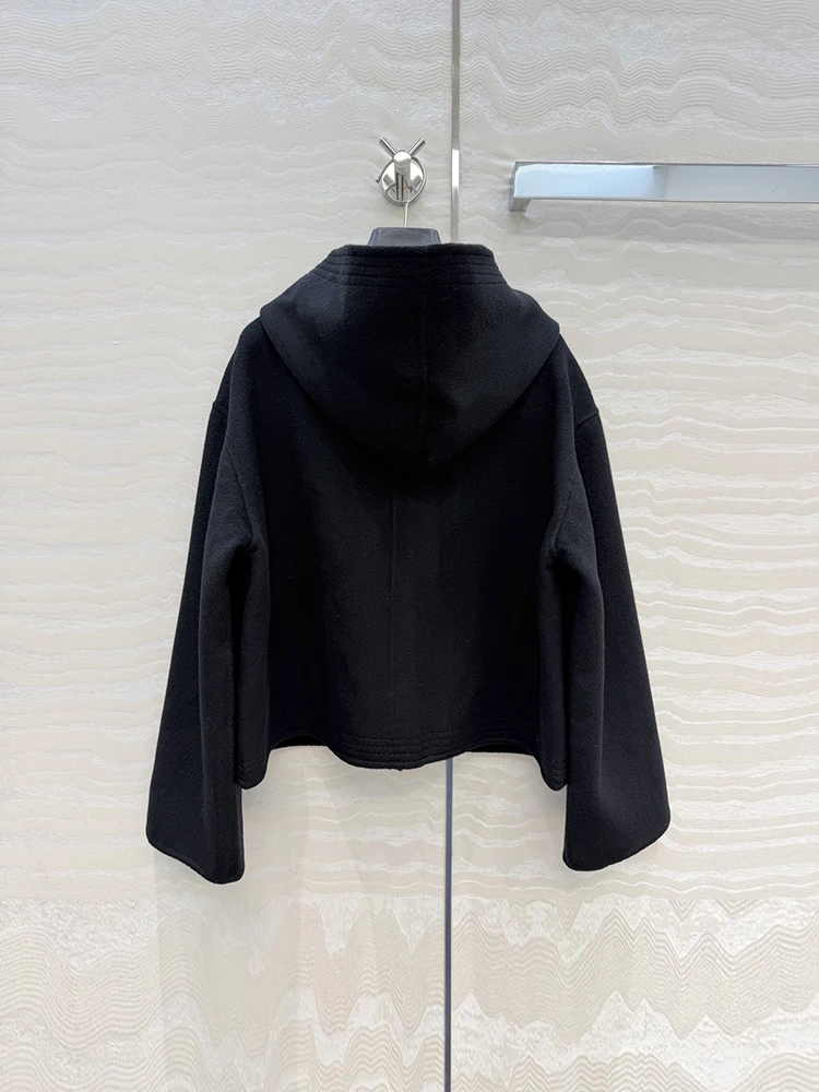Spring Autumn Fashion Black Casual Wool Blend Knitting Jackets Women's Hooded Long Sleeve Pockets Solid Color Buckle Strap Coat